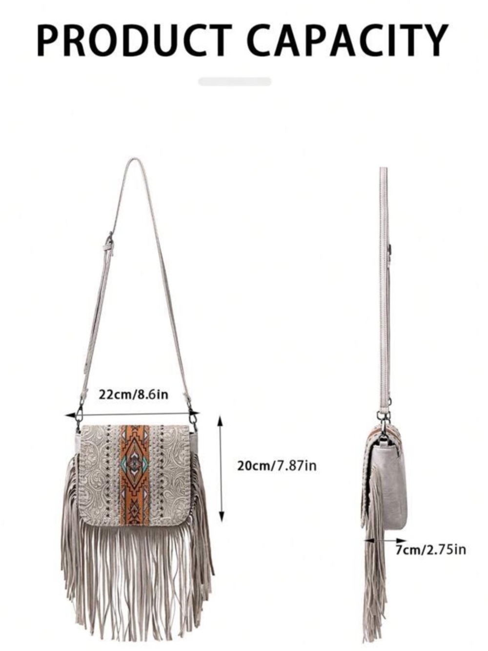 Light Gray Embossed Vegan Fringe Crossbody Bag with Aztec Stripe - Picture 9 of 11